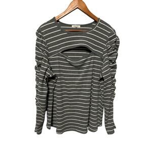 Maurices Ribbed Top Gray White Striped Cutout Peekaboo Ruched Long Sleeve 1X